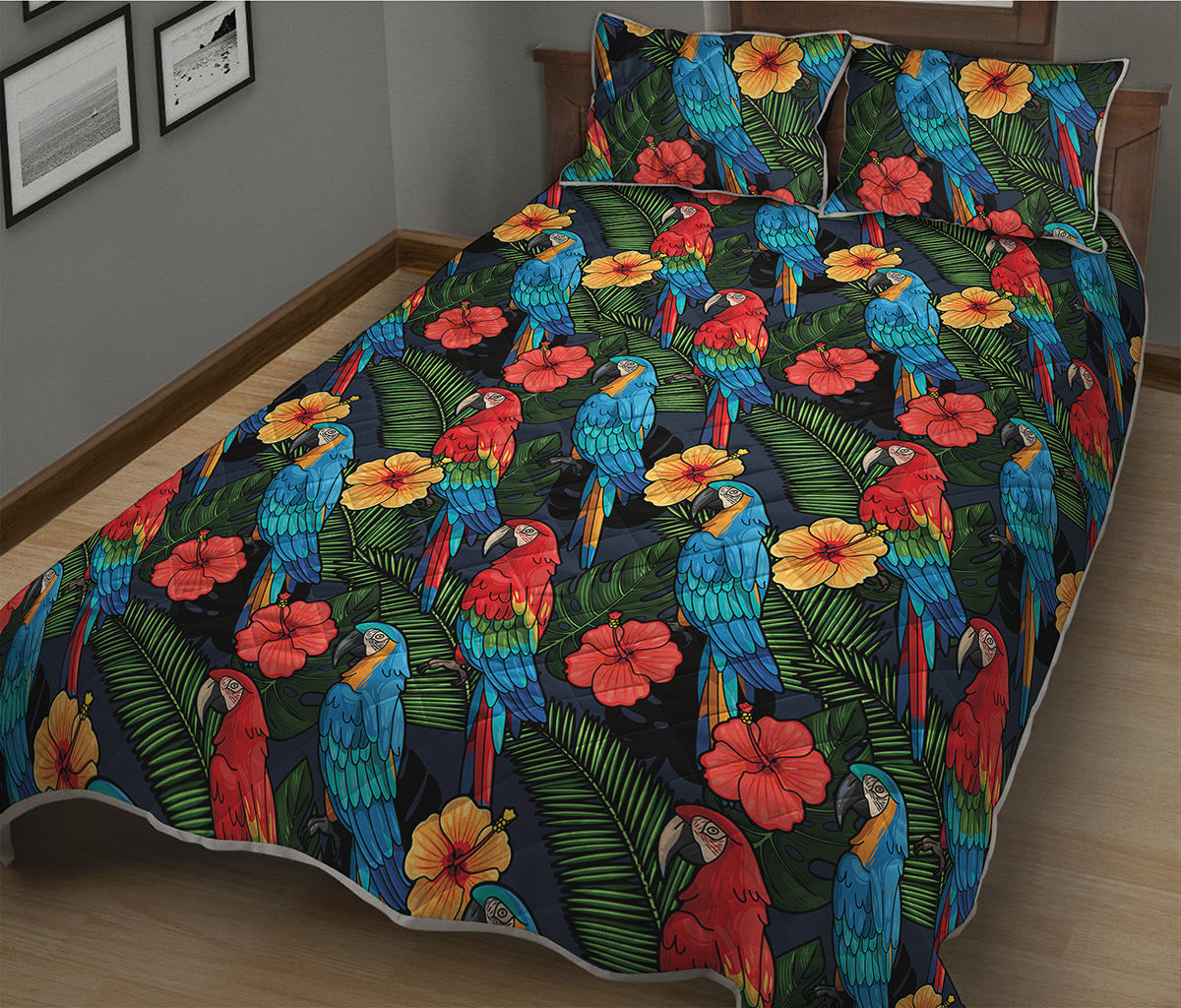 Macaw Parrot Pattern Print Quilt Bed Set