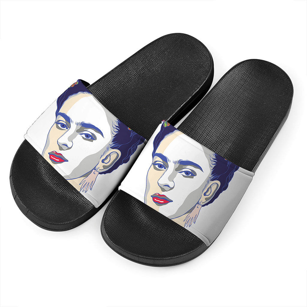 Magdalena Carmen Frida Kahlo Print Black Slide Sandals