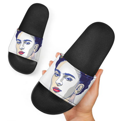 Magdalena Carmen Frida Kahlo Print Black Slide Sandals