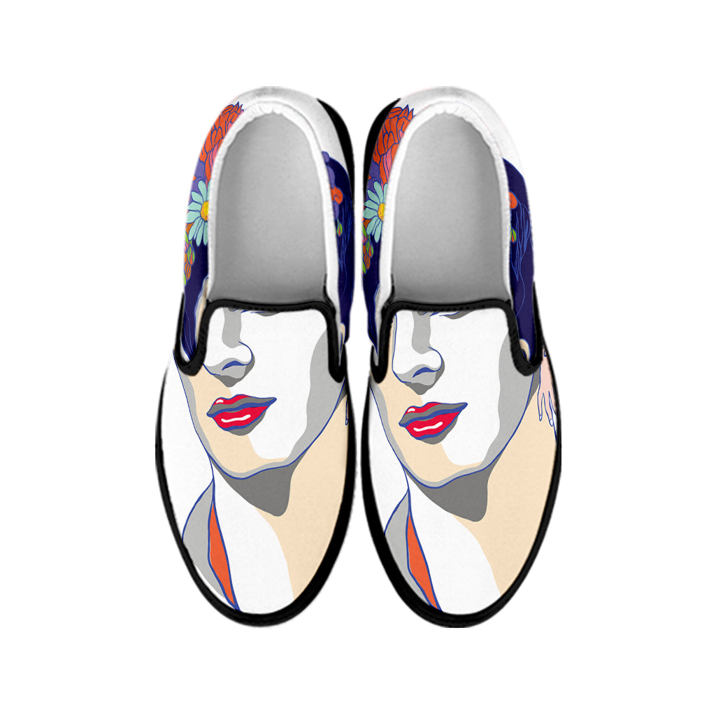 Magdalena Carmen Frida Kahlo Print Black Slip On Shoes