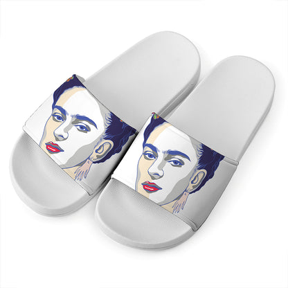 Magdalena Carmen Frida Kahlo Print White Slide Sandals