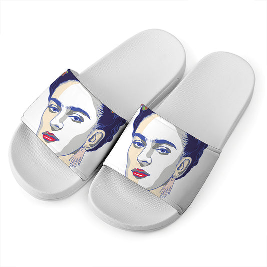 Magdalena Carmen Frida Kahlo Print White Slide Sandals