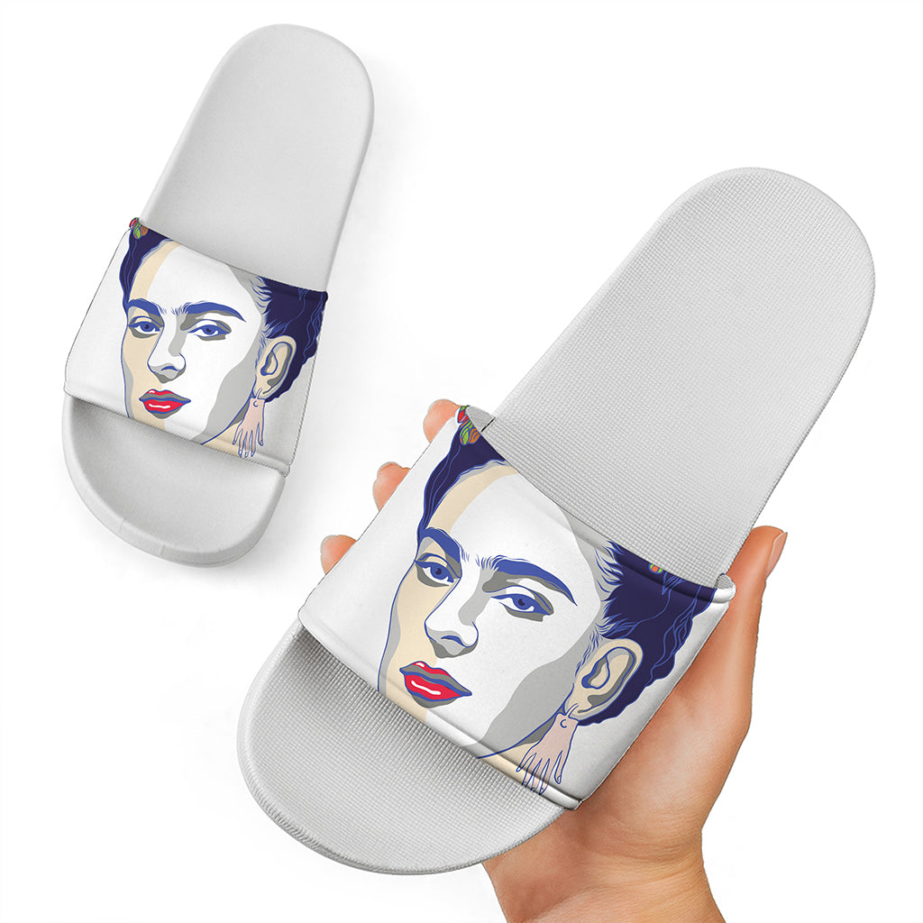 Magdalena Carmen Frida Kahlo Print White Slide Sandals