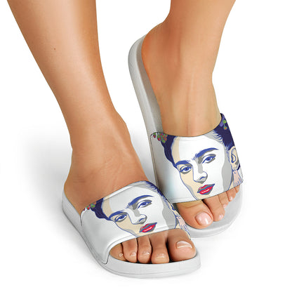 Magdalena Carmen Frida Kahlo Print White Slide Sandals
