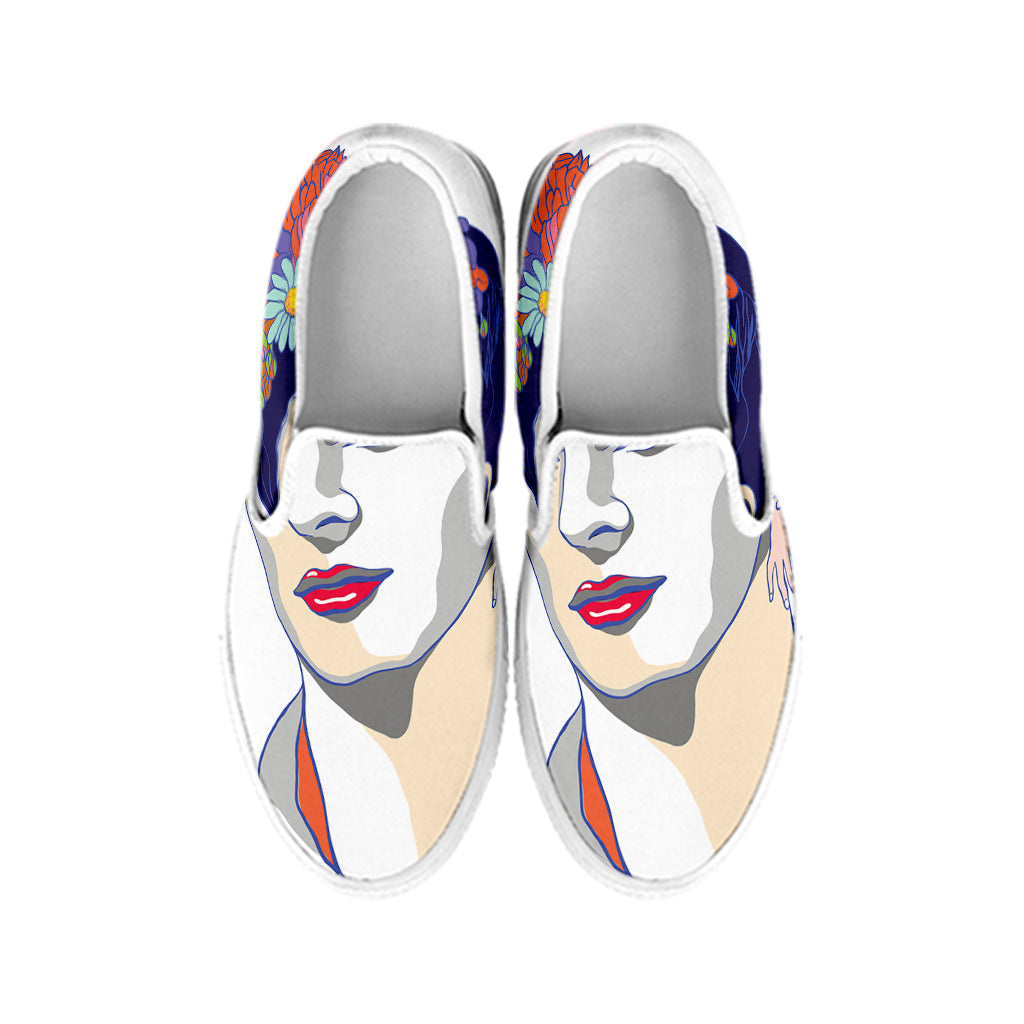 Magdalena Carmen Frida Kahlo Print White Slip On Shoes