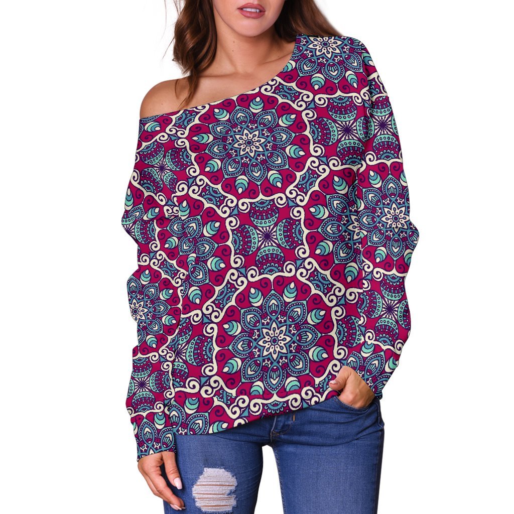 Magenta Mandala Bohemian Pattern Print Off Shoulder Sweatshirt GearFrost