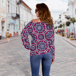Magenta Mandala Bohemian Pattern Print Off Shoulder Sweatshirt GearFrost