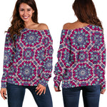 Magenta Mandala Bohemian Pattern Print Off Shoulder Sweatshirt GearFrost
