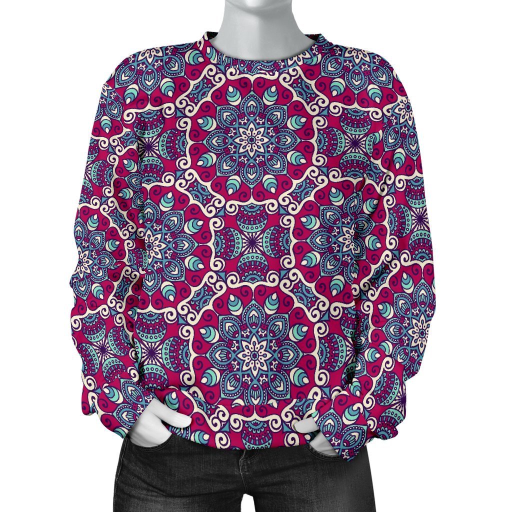 Magenta Mandala Bohemian Pattern Print Women's Crewneck Sweatshirt GearFrost
