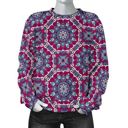 Magenta Mandala Bohemian Pattern Print Women's Crewneck Sweatshirt GearFrost
