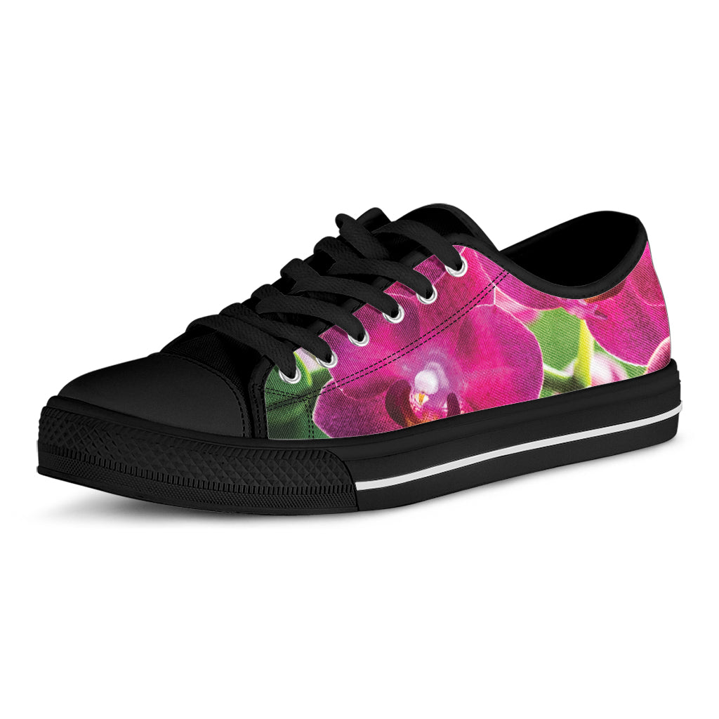 Magenta Orchid Flower Print Black Low Top Shoes