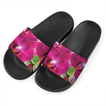 Magenta Orchid Flower Print Black Slide Sandals