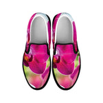 Magenta Orchid Flower Print Black Slip On Shoes