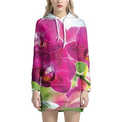 Magenta Orchid Flower Print Hoodie Dress