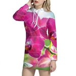 Magenta Orchid Flower Print Hoodie Dress