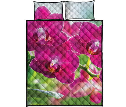 Magenta Orchid Flower Print Quilt Bed Set