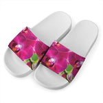 Magenta Orchid Flower Print White Slide Sandals