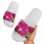 Magenta Orchid Flower Print White Slide Sandals