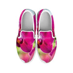Magenta Orchid Flower Print White Slip On Shoes
