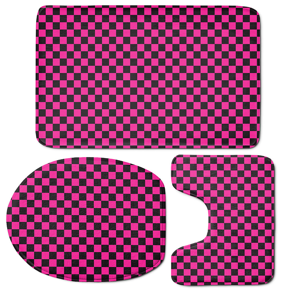 Magenta Pink And Black Checkered Print 3 Piece Bath Mat Set