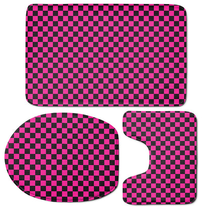 Magenta Pink And Black Checkered Print 3 Piece Bath Mat Set