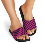 Magenta Pink And Black Checkered Print Black Slide Sandals