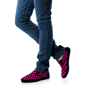 Magenta Pink And Black Checkered Print Black Slip On Shoes