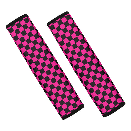 Magenta Pink And Black Checkered Print Car Seat Belt Covers