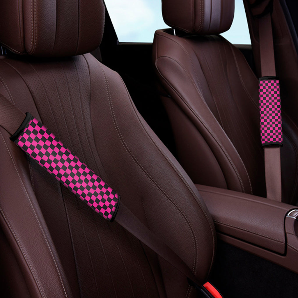 Magenta Pink And Black Checkered Print Car Seat Belt Covers