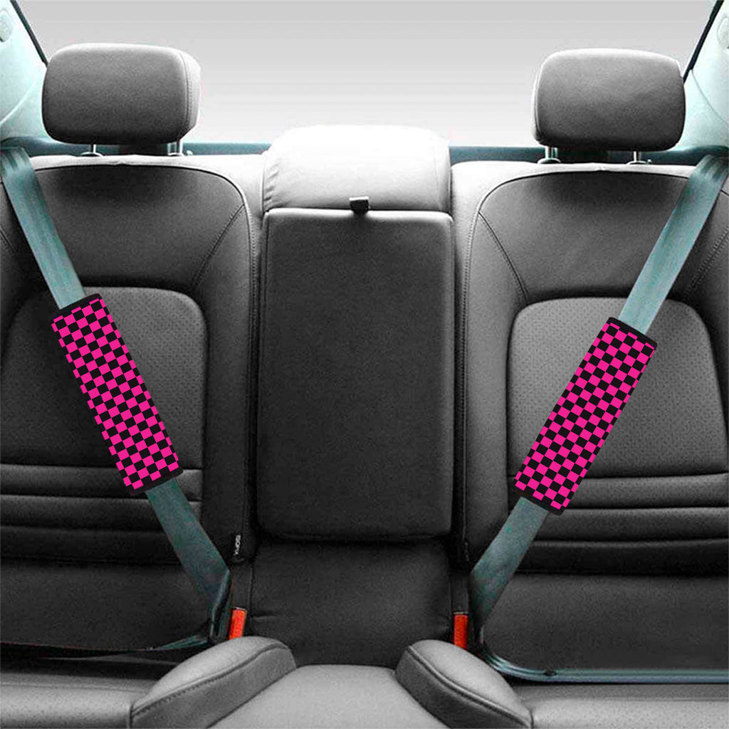 Magenta Pink And Black Checkered Print Car Seat Belt Covers
