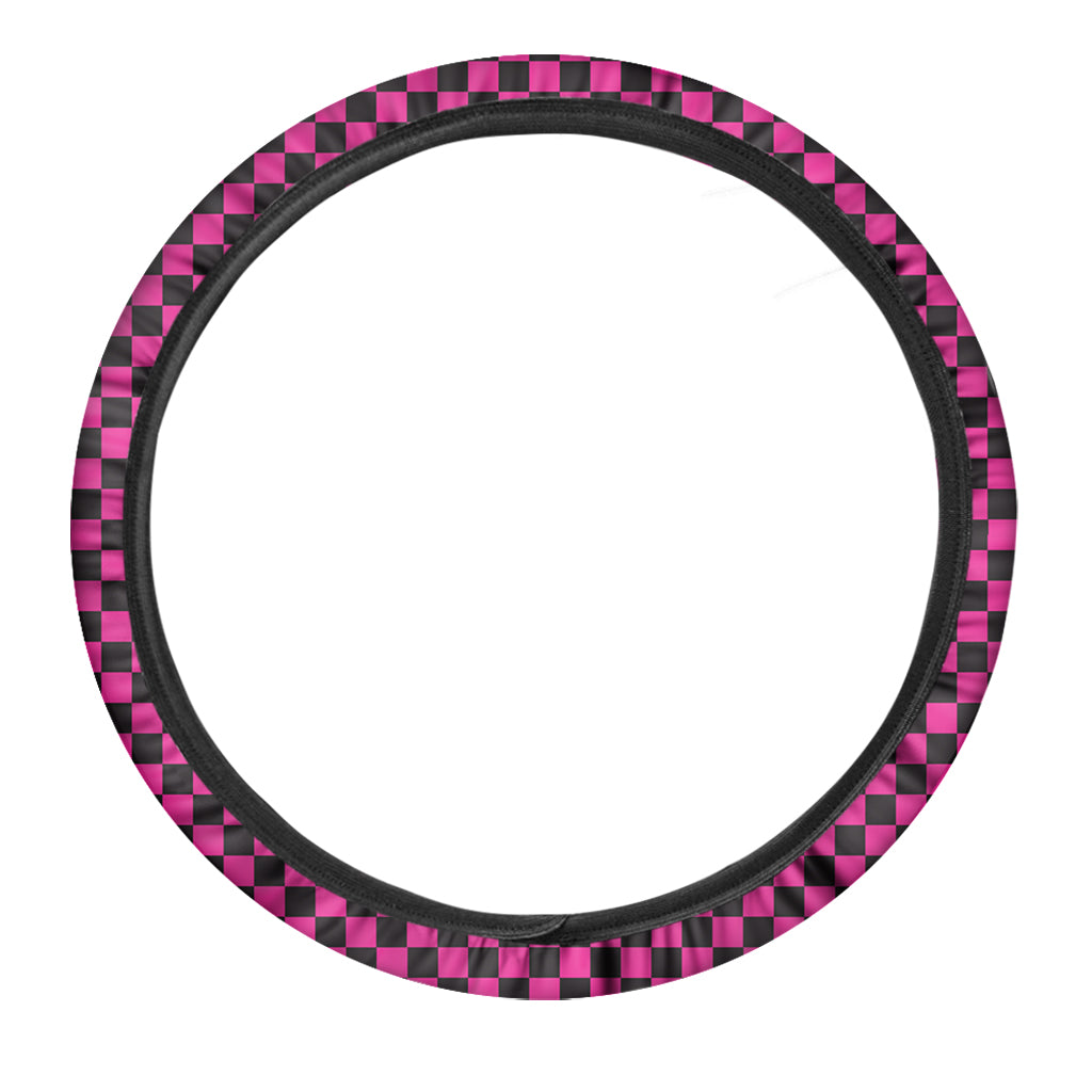 Magenta Pink And Black Checkered Print Car Steering Wheel Cover