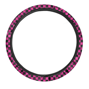 Magenta Pink And Black Checkered Print Car Steering Wheel Cover