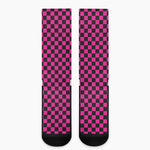 Magenta Pink And Black Checkered Print Crew Socks