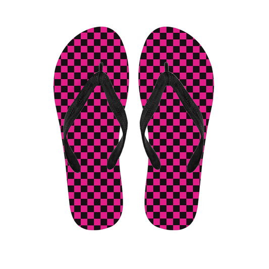 Magenta Pink And Black Checkered Print Flip Flops