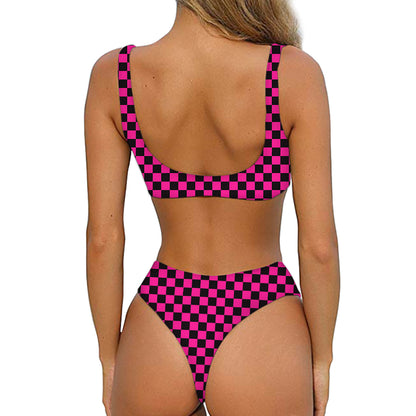 Magenta Pink And Black Checkered Print Front Bow Tie Bikini