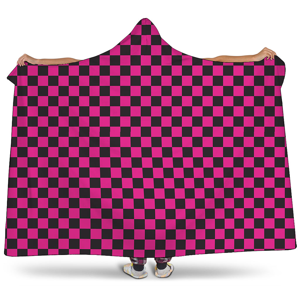 Magenta Pink And Black Checkered Print Hooded Blanket