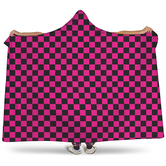 Magenta Pink And Black Checkered Print Hooded Blanket