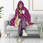 Magenta Pink And Black Checkered Print Hooded Blanket
