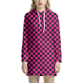 Magenta Pink And Black Checkered Print Pullover Hoodie Dress