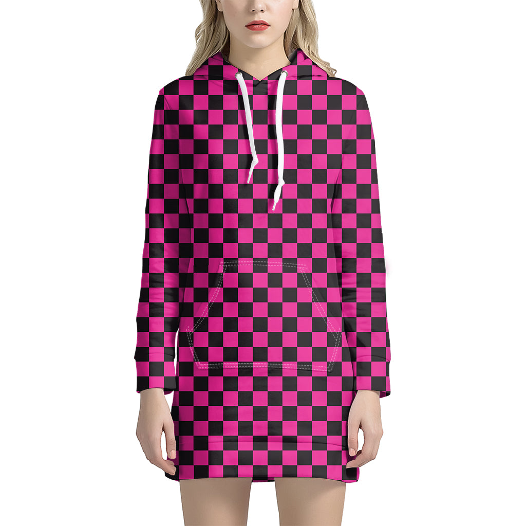 Magenta Pink And Black Checkered Print Hoodie Dress