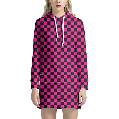 Magenta Pink And Black Checkered Print Hoodie Dress