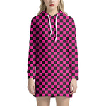 Magenta Pink And Black Checkered Print Hoodie Dress