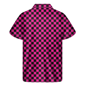 Magenta Pink And Black Checkered Print Men's Short Sleeve Shirt