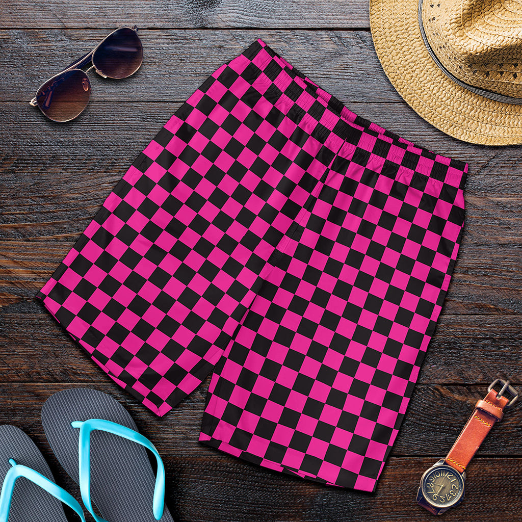 Magenta Pink And Black Checkered Print Men's Shorts