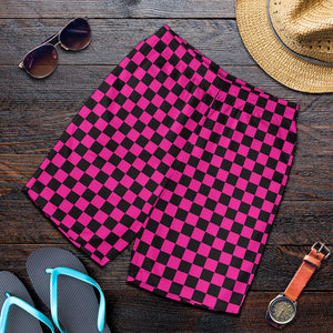 Magenta Pink And Black Checkered Print Men's Shorts