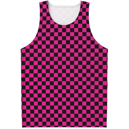 Magenta Pink And Black Checkered Print Men's Tank Top
