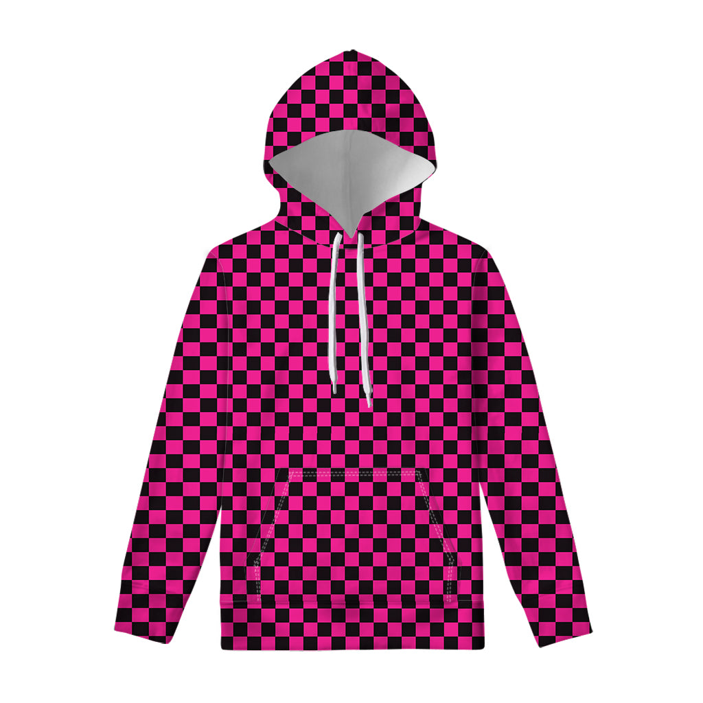 Magenta Pink And Black Checkered Print Pullover Hoodie