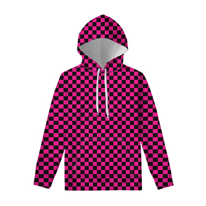 Magenta Pink And Black Checkered Print Pullover Hoodie