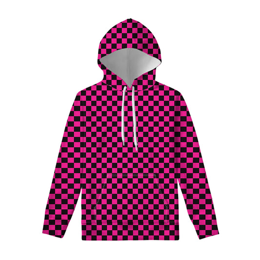 Magenta Pink And Black Checkered Print Pullover Hoodie