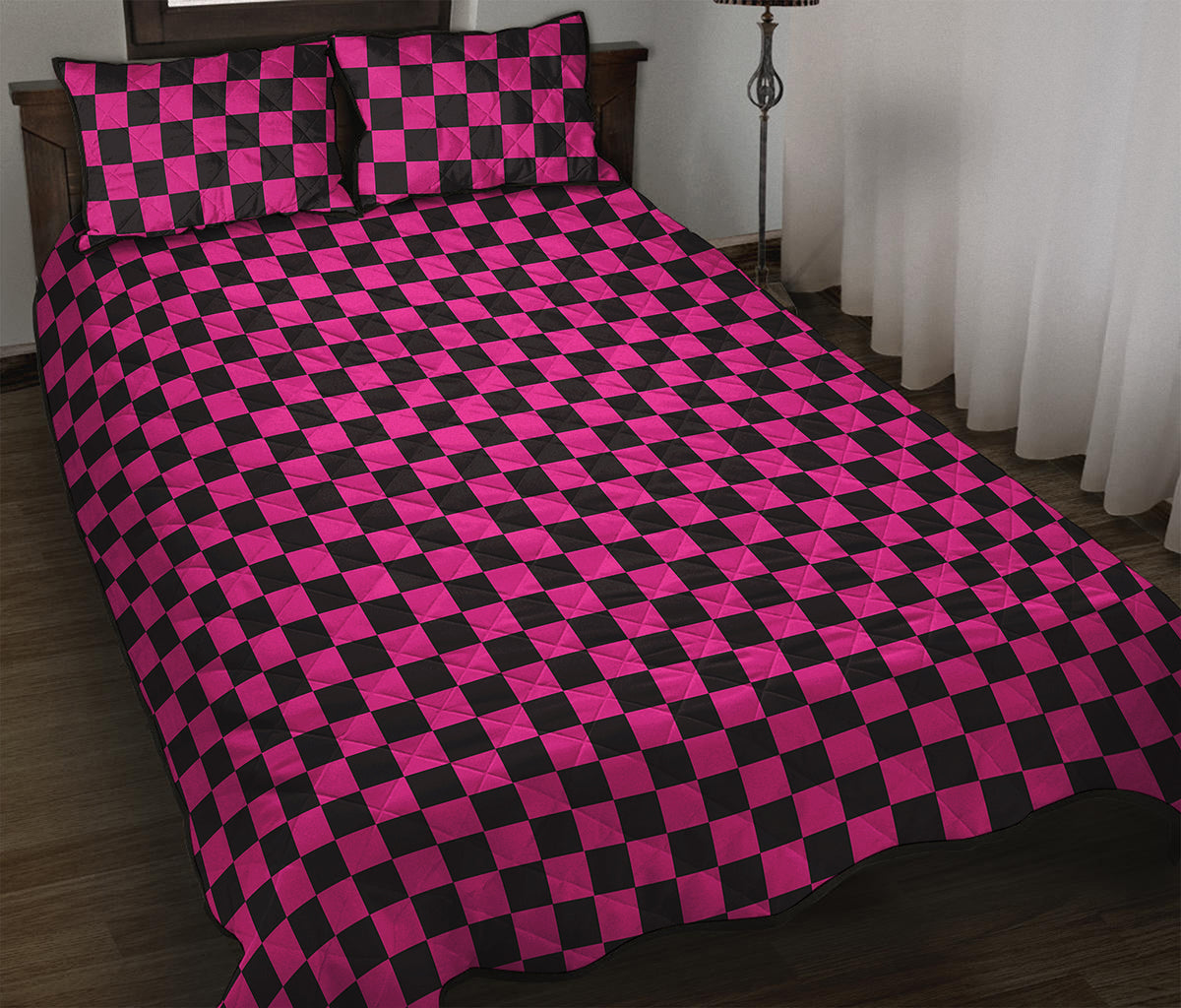 Magenta Pink And Black Checkered Print Quilt Bed Set
